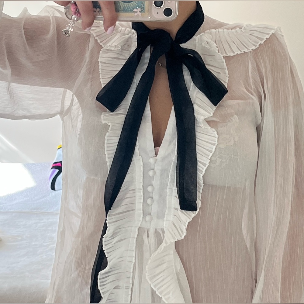 Sheer White Blouse with Black Bow